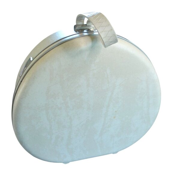 Vintage 60s Samsonite Hat Box Round Luggage Train Case Cream Travel Peach Satin - Picture 1 of 16